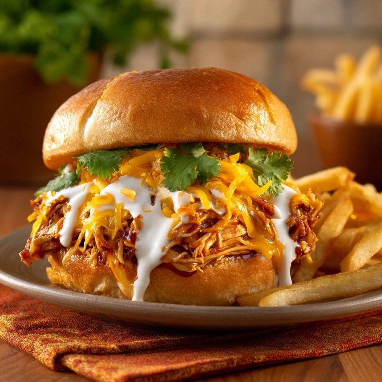 Pulled-Chicken-Burger mit Cheddar, Koriander & Sahnesauce serviert. Ein köstlicher Burger, der auf einem Teller mit Pommes Frites angerichtet ist.