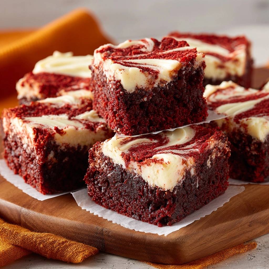 Red Velvet Cheesecake Brownies Querschnitt 1 Red Velvet Cheesecake Brownies zeigen einen saftigen Querschnitt. Die cremige Käsekuchen-Swirl-Schicht harmoniert perfekt mit dem intensiven Schokoladenkuchen.