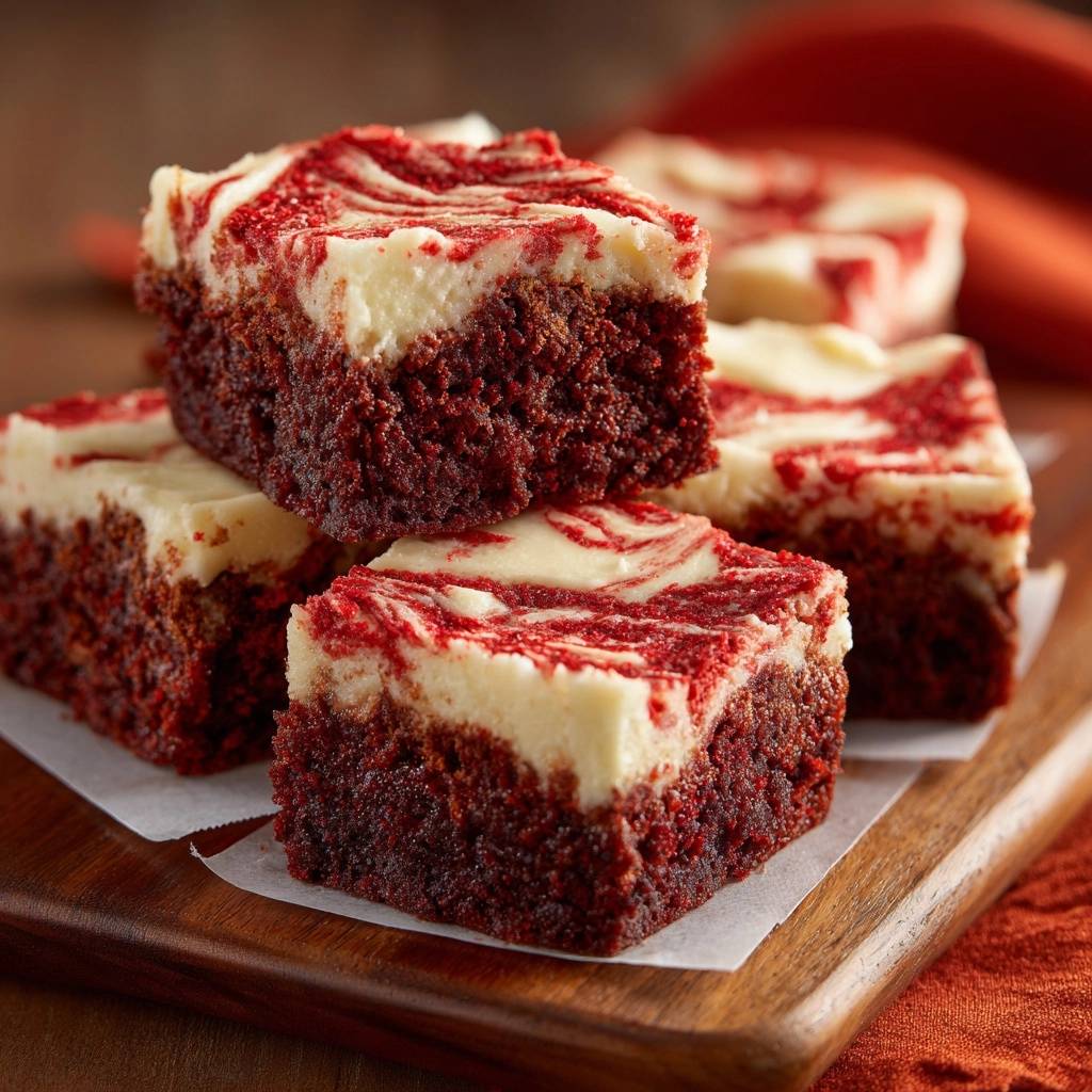Red Velvet Cheesecake Brownies zeigen eine detaillierte Nahaufnahme des cremigen Käsekuchens auf dem roten, saftigen Brownie-Teig. Die köstlichen Brownies sind frisch gebacken.