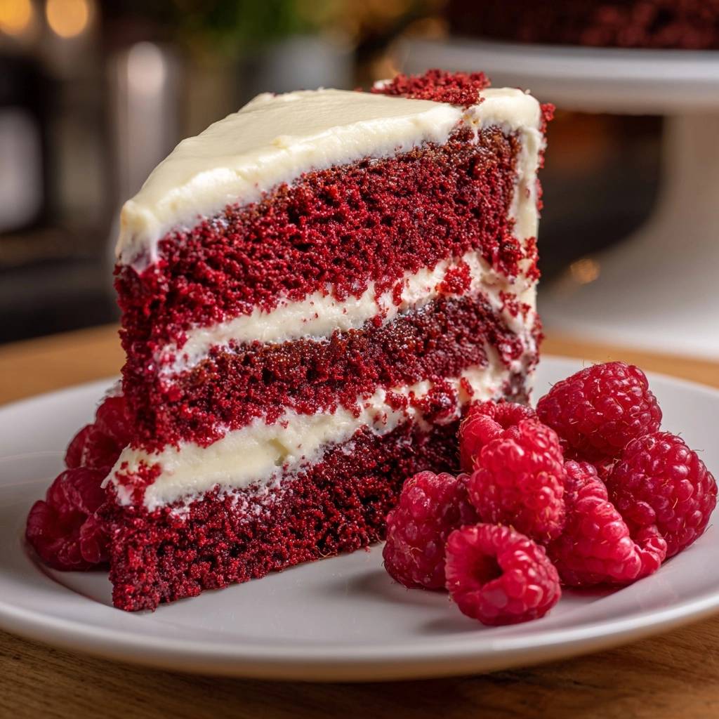 Red Velvet Kuchen Querschnitt Himbeeren 1 Red Velvet Kuchen mit Frischkäse-Frosting, serviert mit frischen Himbeeren, zeigt einen köstlichen Querschnitt der mehrschichtigen Torte.