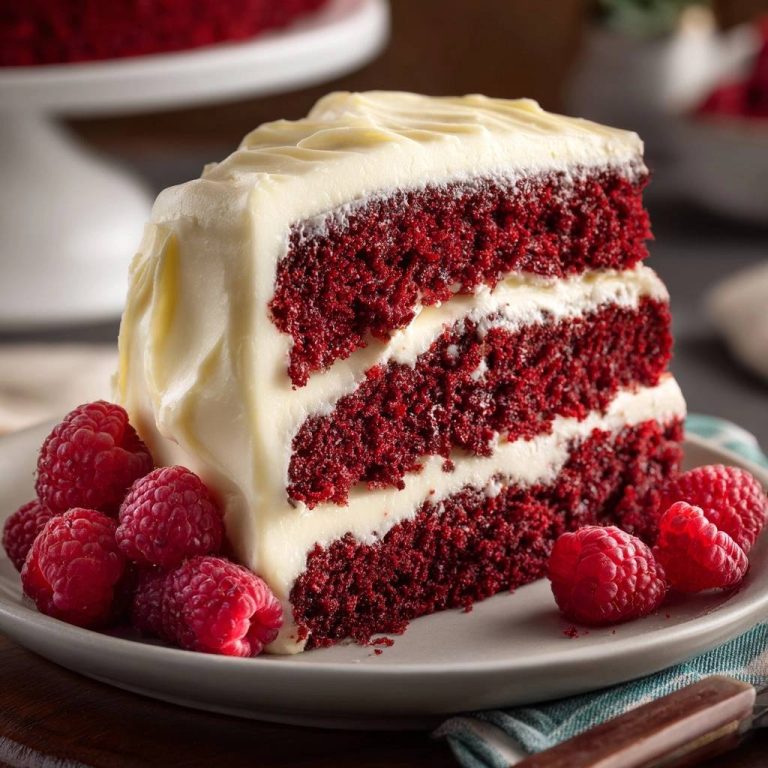 Red Velvet Kuchen mit Frischkäse-Frosting, serviert als detailreicher Querschnitt, verziert mit frischen, roten Himbeeren.