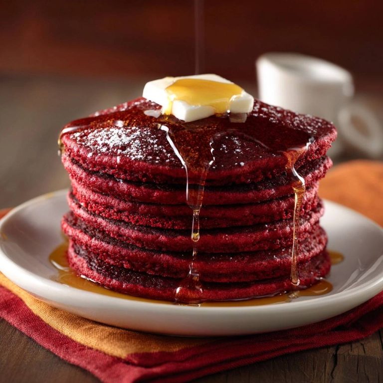 Red Velvet Pfannkuchen in Nahaufnahme, üppig mit Ahornsirup beträufelt und mit einem Butterstück garniert, serviert auf einem weißen Teller.