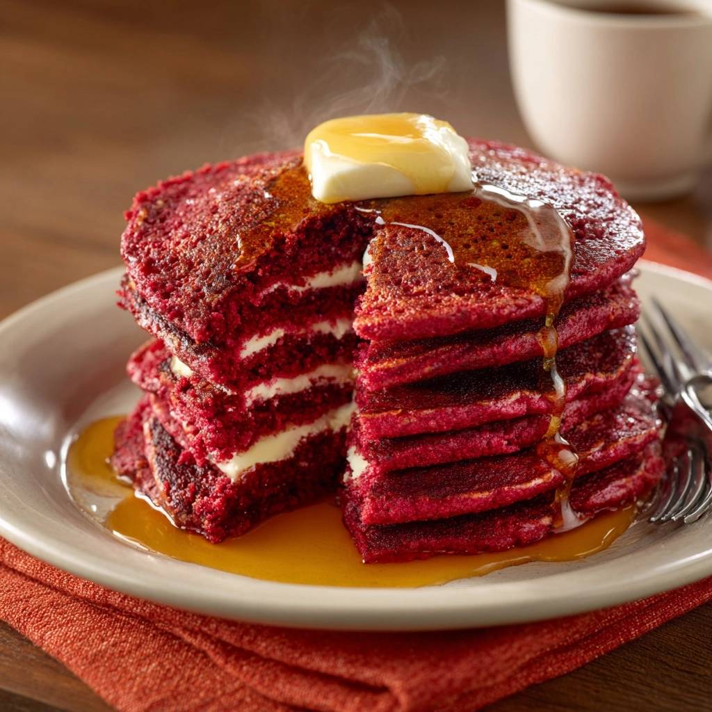 Red Velvet Pfannkuchen in Nahaufnahme zeigt einen angeschnittenen Stapel mit cremiger Füllung und leckerem Ahornsirup. Der perfekte Start in den Tag.