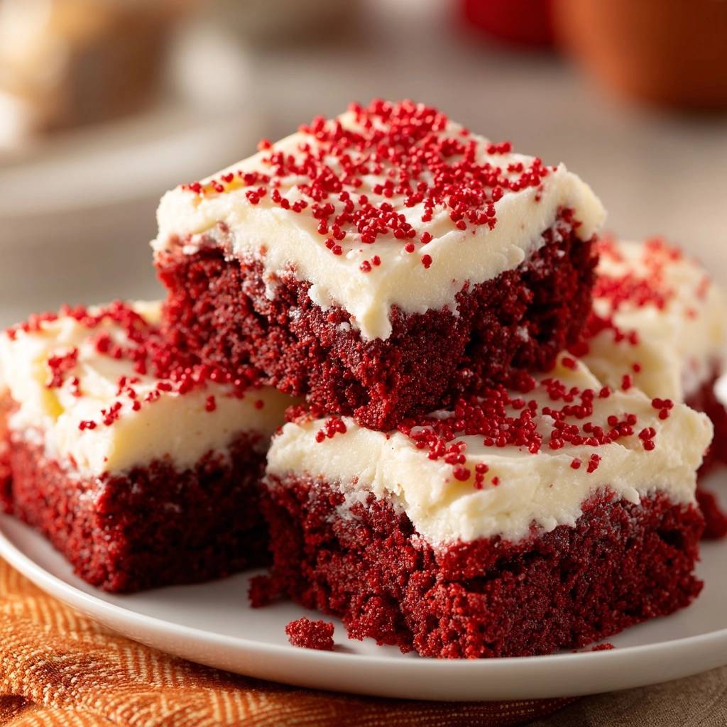 Red Velvet Riegel mit Cream Cheese Frosting, gestapelt auf einem weißen Teller, mit roter Streusel-Dekoration auf dem cremigen Frosting.