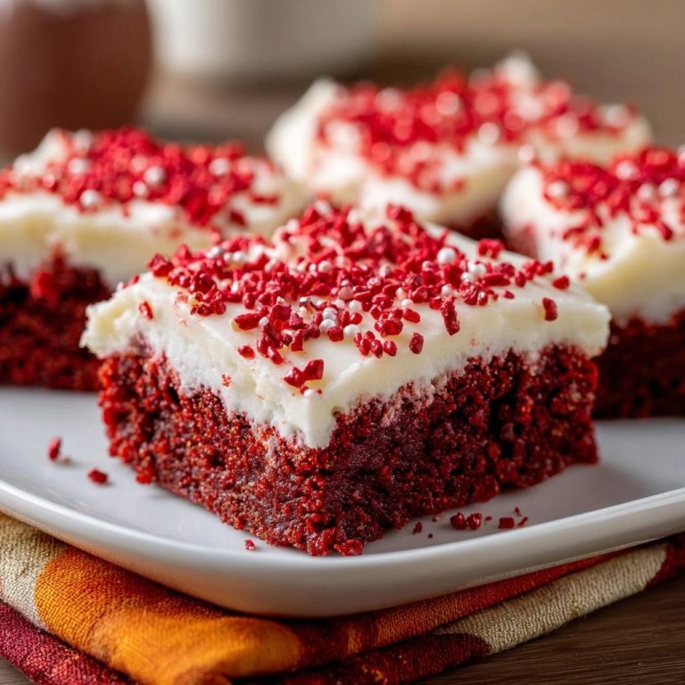 Red Velvet Riegel mit Cream Cheese Frosting serviert auf einem weißen Teller, garniert mit roten und silbernen Streuseln. Die saftigen Riegel sind ein Genuss.