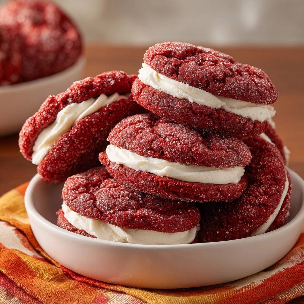 Red Velvet Whoopie Pies Nahaufnahme 1 Red Velvet Whoopie Pies in einer Nahaufnahme, gestapelt in einer weißen Schüssel und mit cremiger Füllung versehen. Diese köstlichen Whoopie Pies sind perfekt für jeden Anlass.