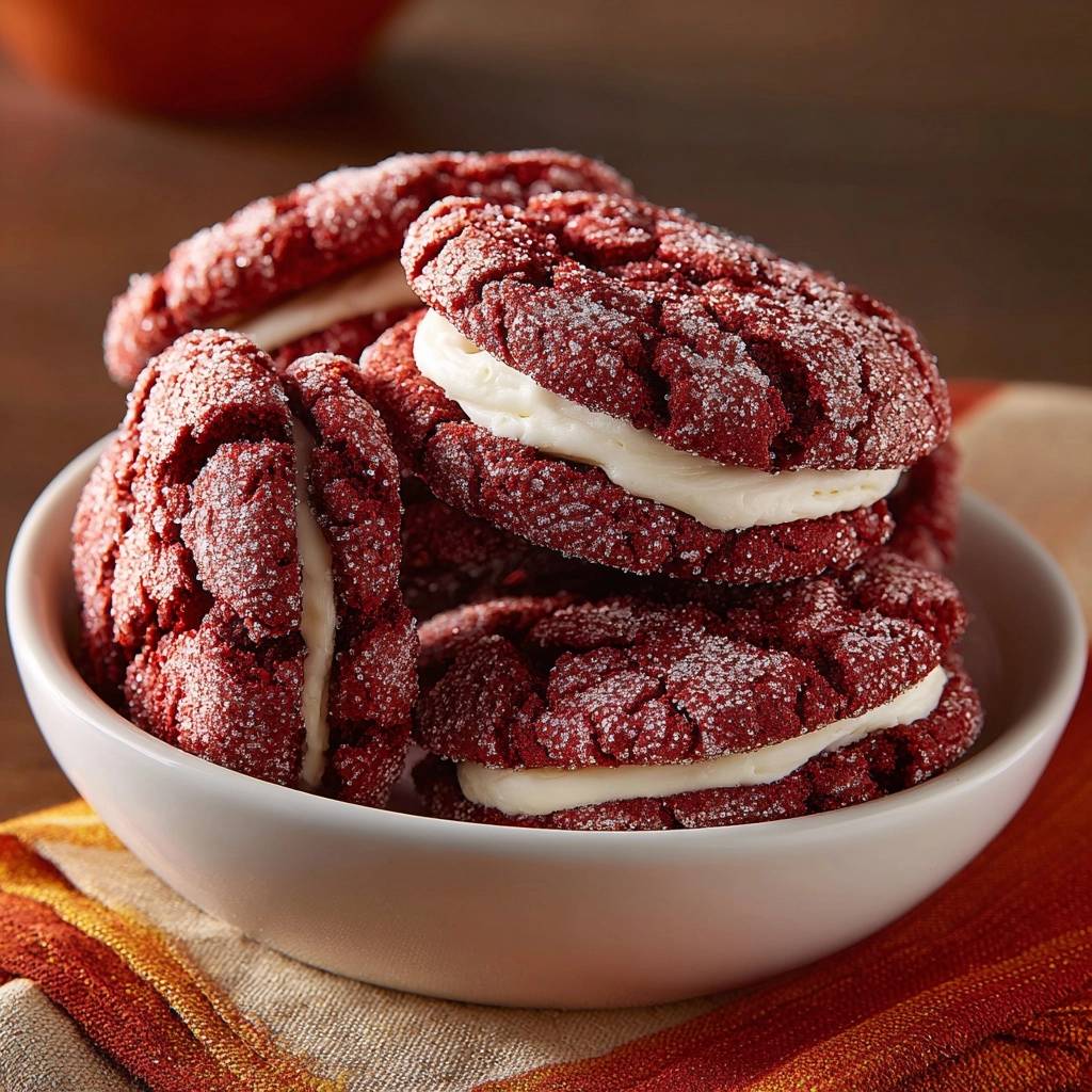 Red Velvet Whoopie Pies in Nahaufnahme präsentiert, mit cremigem Frischkäse-Frosting gefüllt und mit Zucker bestäubt.