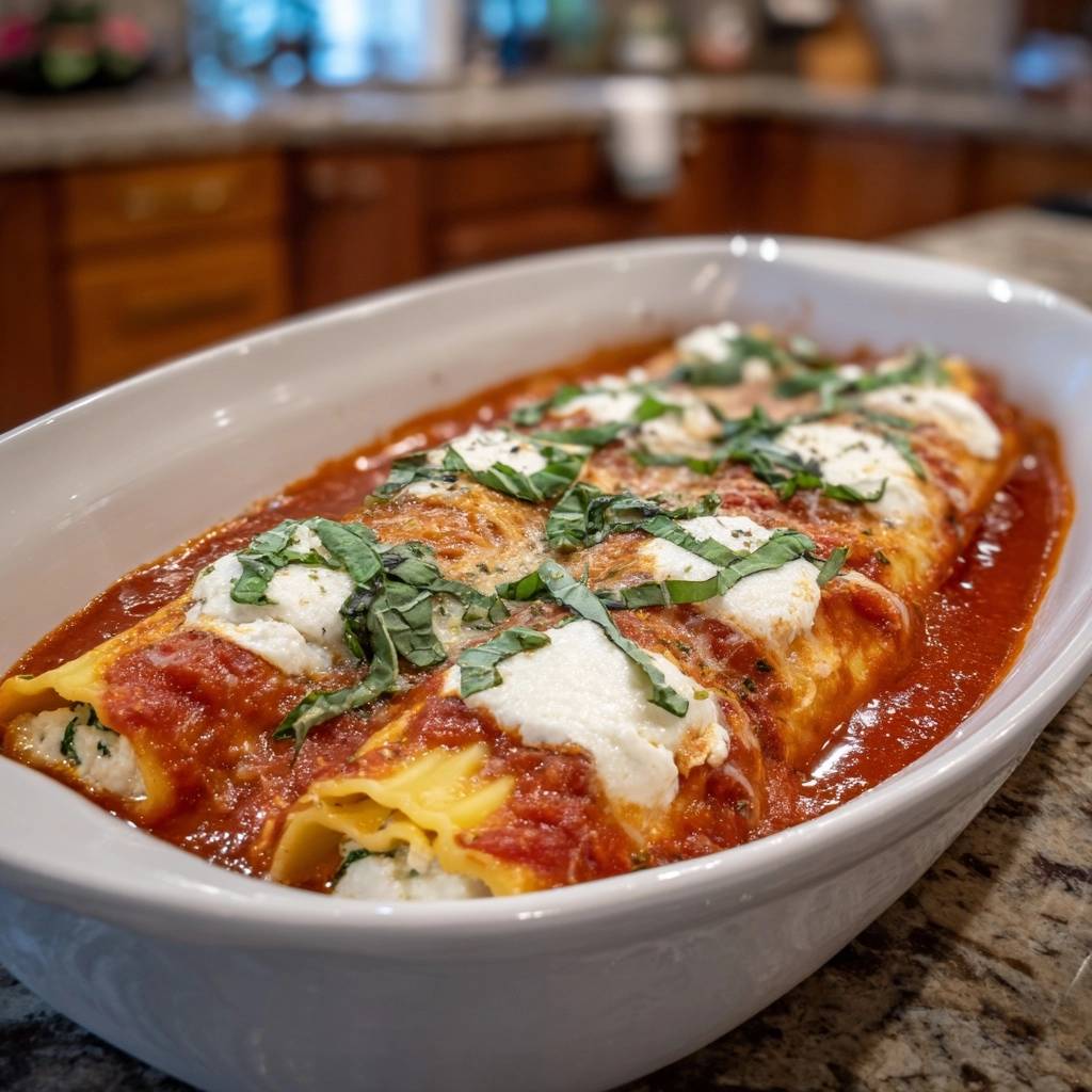 Ricotta Cannelloni Mit Tomatensoe Draufsicht 1 Ricotta-Cannelloni mit Tomatensoße in einer Auflaufform, garniert mit frischem Basilikum, aus der Vogelperspektive. Ein köstliches italienisches Gericht.