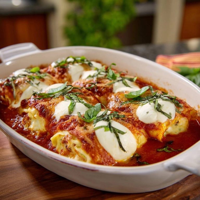 Ricotta-Cannelloni mit Tomatensoße, serviert in einer Auflaufform, mit Büffelmozzarella und frischem Basilikum garniert. Ein herzhaftes Gericht aus der italienischen Küche.