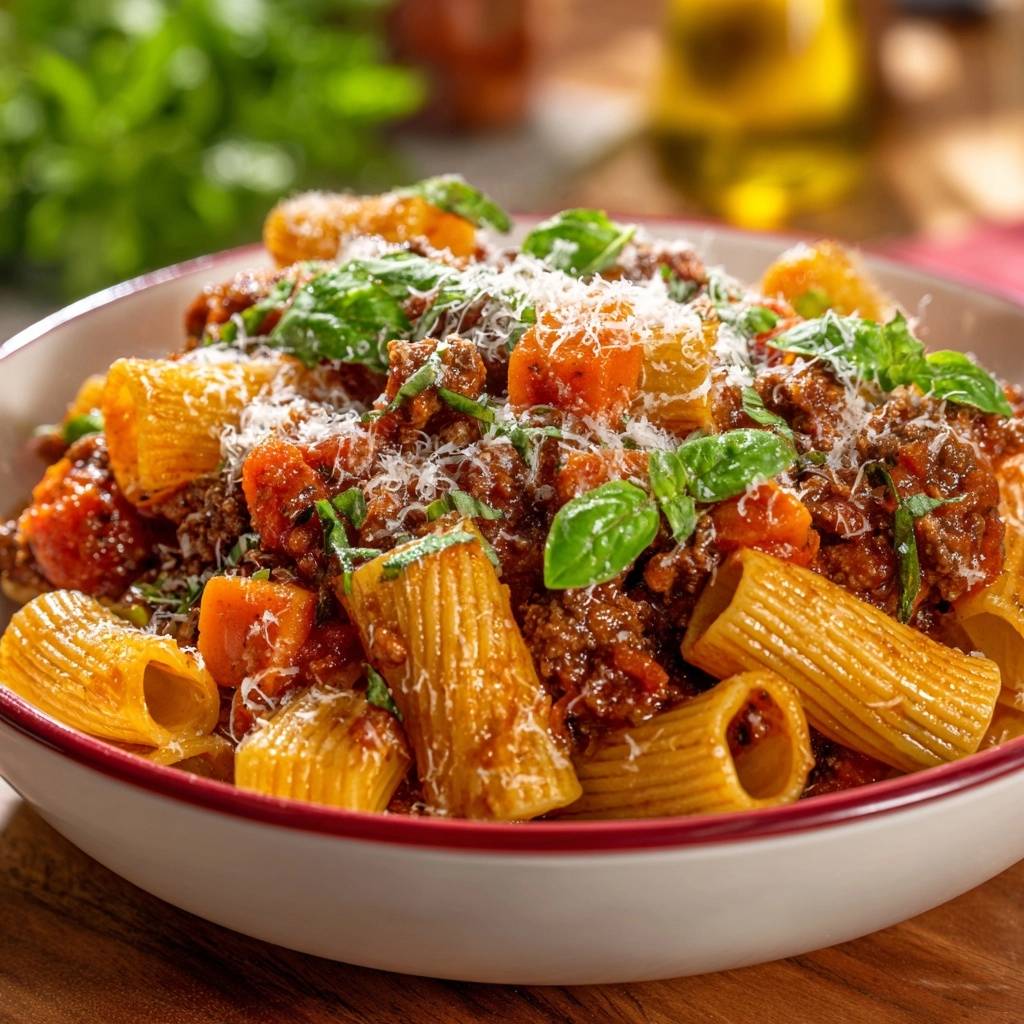 Rigatoni Mit Cremiger Rinderhack Sauce Nahaufnahme 1 Rigatoni mit cremiger Rinderhack-Sauce in einer Nahaufnahme, garniert mit frischem Basilikum und geriebenem Käse. Der dampfende Teller Nudeln lädt zum Genießen ein.