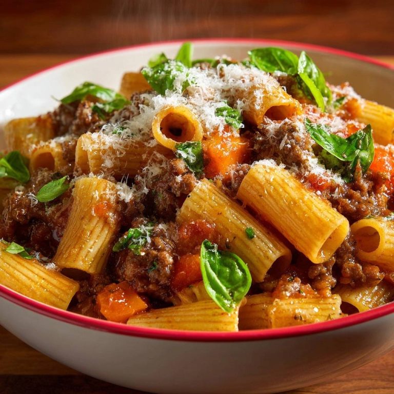 Rigatoni mit cremiger Rinderhack-Sauce in Nahaufnahme mit frischen Basilikumblättern und geriebenem Parmesan serviert.