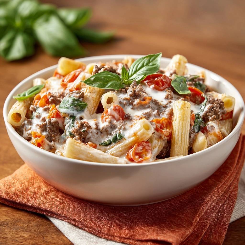 Rigatoni mit Hack-Tomaten-Sauce und Käse, nahaufnahme der cremigen Sauce und frischen Basilikumblätter als Garnitur.