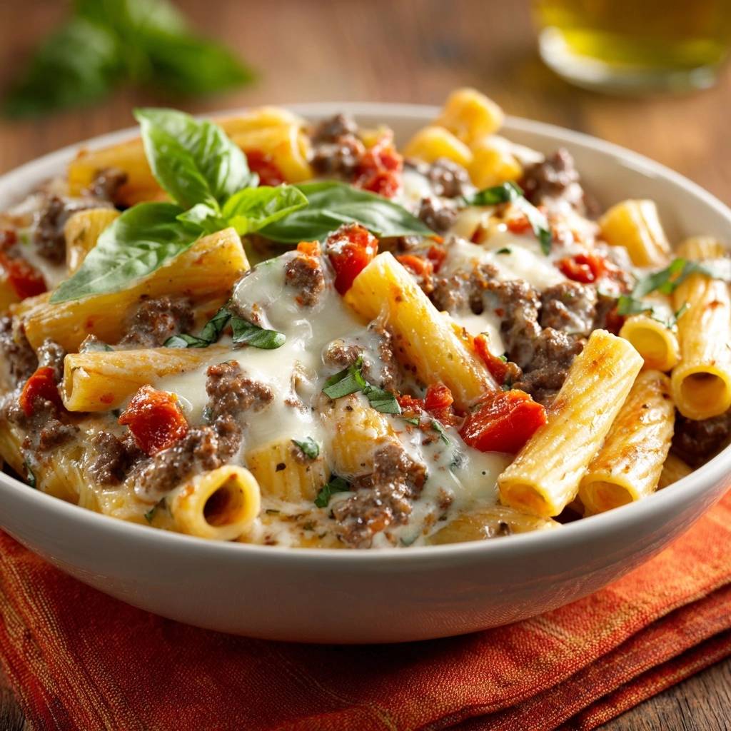 Rigatoni mit Hack-Tomaten-Sauce und Käse, eine Nahaufnahme der Nudeln mit geschmolzenem Käse und Hackfleischragout.