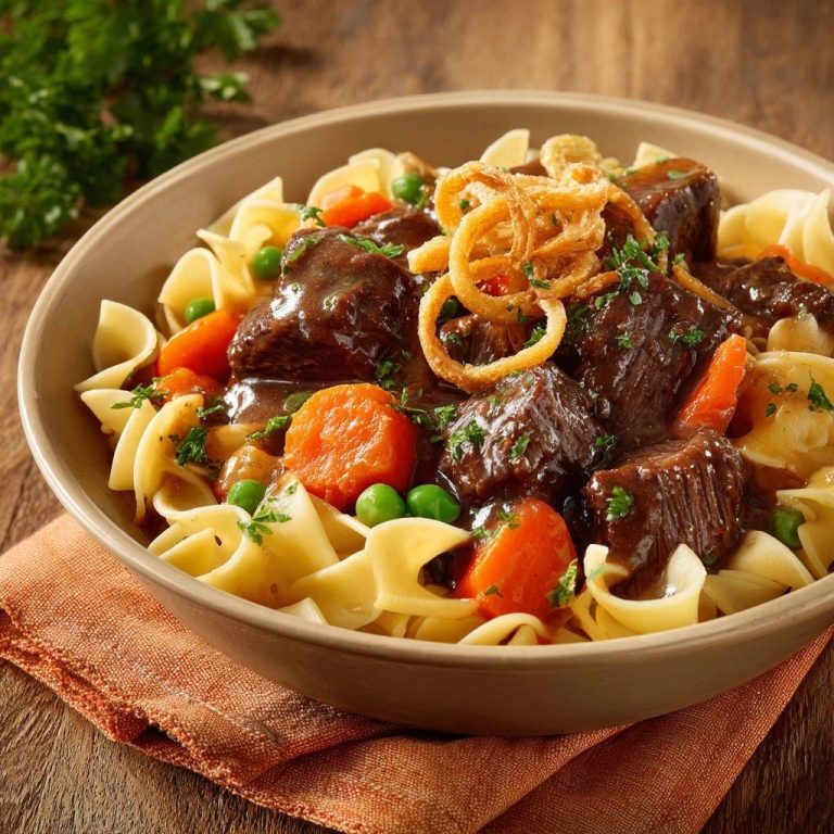 Rindergulasch mit Nudeln, serviert in einer Schüssel und garniert mit frischen Kräutern und Röstzwiebeln.