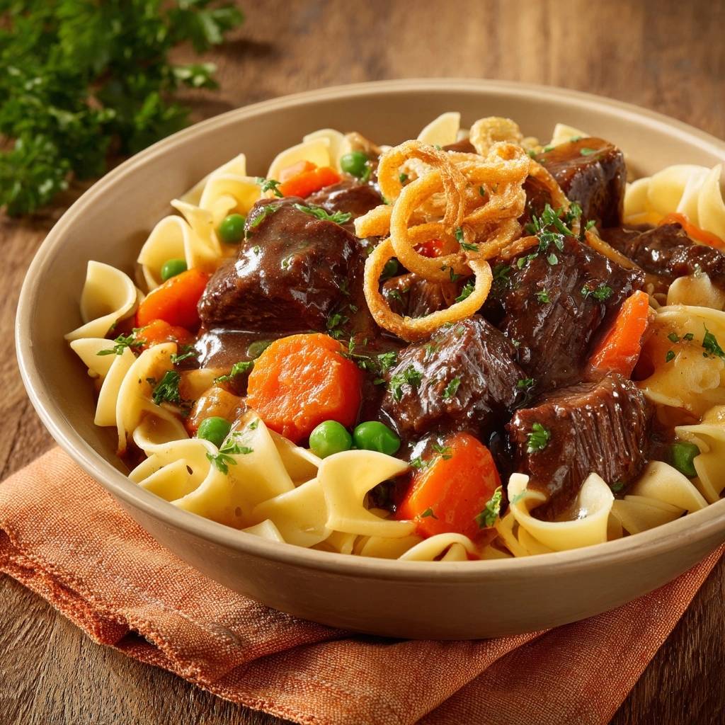 Rindergulasch mit Nudeln, serviert in einer Schüssel und garniert mit frischen Kräutern und Röstzwiebeln.