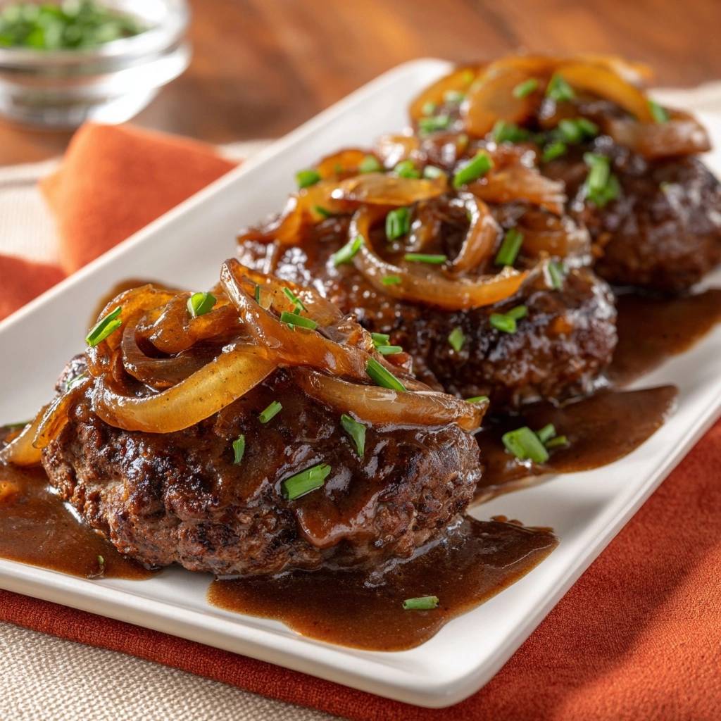 Rindfleischpatties Mit Zwiebelsoe Garniert 1 Saftige Rindfleischpatties mit Zwiebelsoße, serviert auf einem weißen Teller und mit frischen Kräutern garniert.