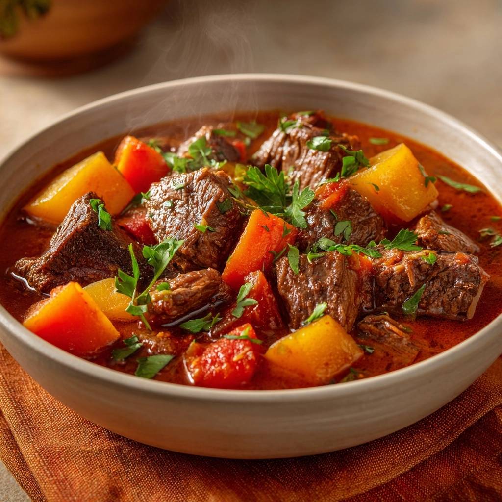 Rustikales Rindergulasch Mit Karotten Nahaufnahme 1 Rustikales Rindergulasch mit Karotten in einer Schüssel aus nächster Nähe betrachtet, mit dampfendem Eintopf und frischen Kräutern garniert.