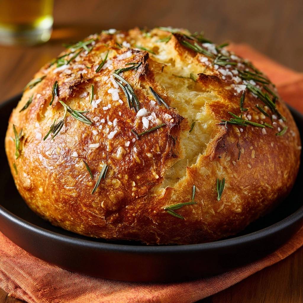 Rustikales Rosmarin-Salz-Brot, frisch gebacken und mit grobem Salz und Rosmarin garniert, serviert auf einem schwarzen Teller.