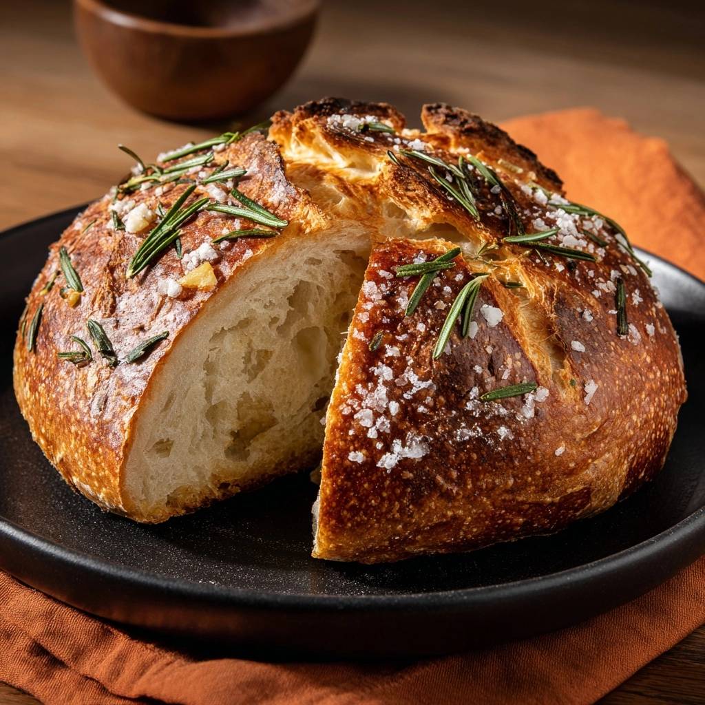 Rustikales Rosmarin-Salz-Brot mit grobem Salz und frischen Kräutern, das eine saftige Krume und eine knusprige Kruste zeigt.