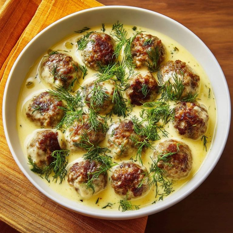 Saftige Fleischbällchen in cremiger Dillsoße, serviert in einer weißen Schüssel, von oben betrachtet, mit frischem Dill garniert.