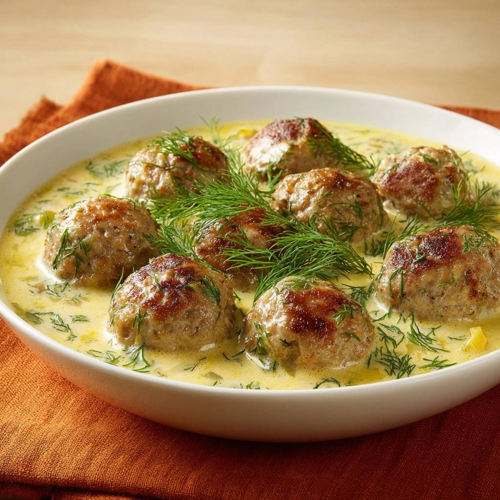 Saftige Fleischbällchen in cremiger Dillsoße in einer Nahaufnahme, serviert in einer weißen Schüssel und mit frischem Dill garniert.