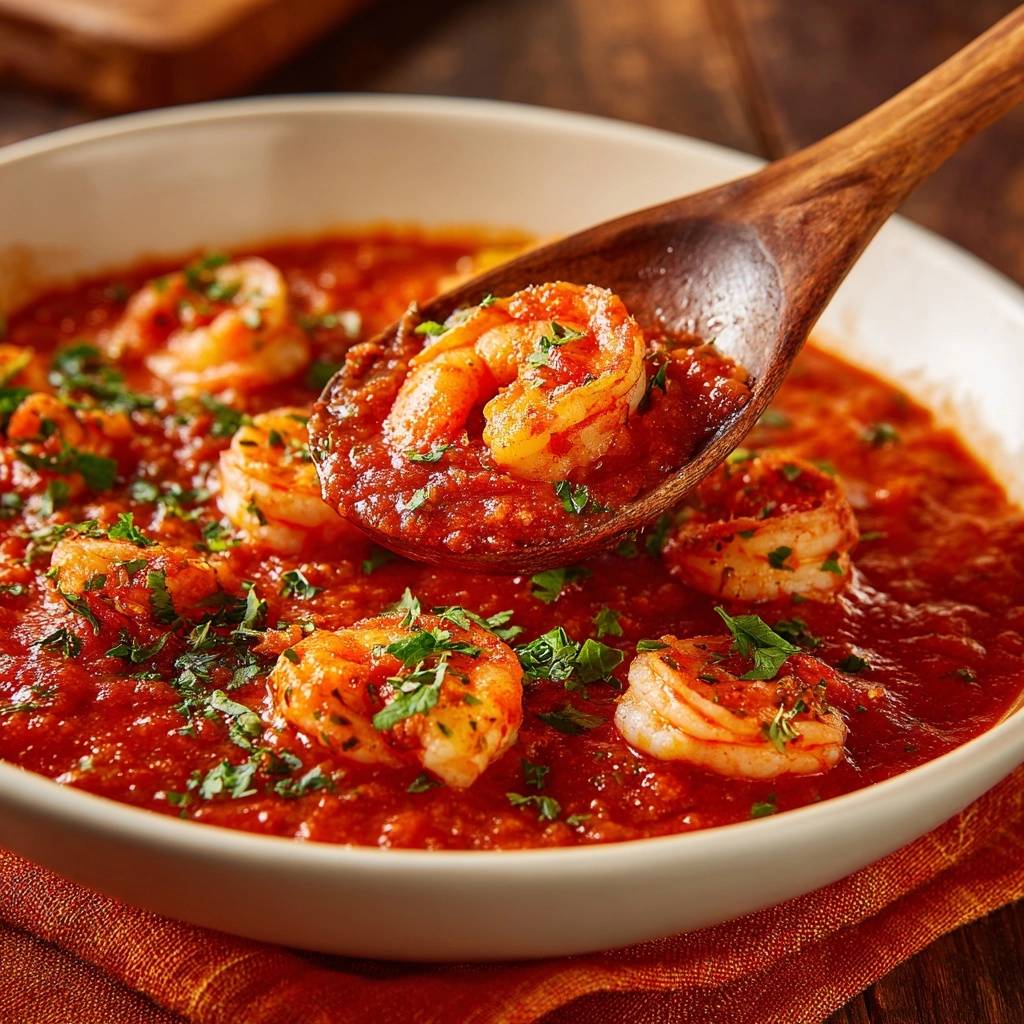 Saftige Garnelen In Scharfer Tomatenso E Nahaufnahme 1 Saftige Garnelen in scharfer Tomatensoße in Nahaufnahme, serviert mit frischer Petersilie und einer Holzschöpfkelle. Ein köstliches Gericht.