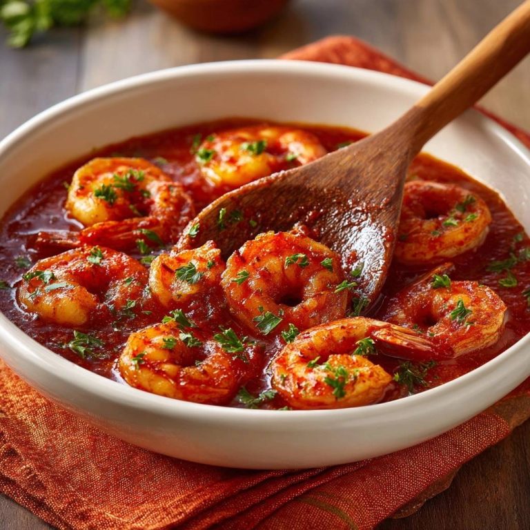 Saftige Garnelen in scharfer Tomatensoße in Nahaufnahme, garniert mit frischer Petersilie und serviert in einer weißen Schüssel.