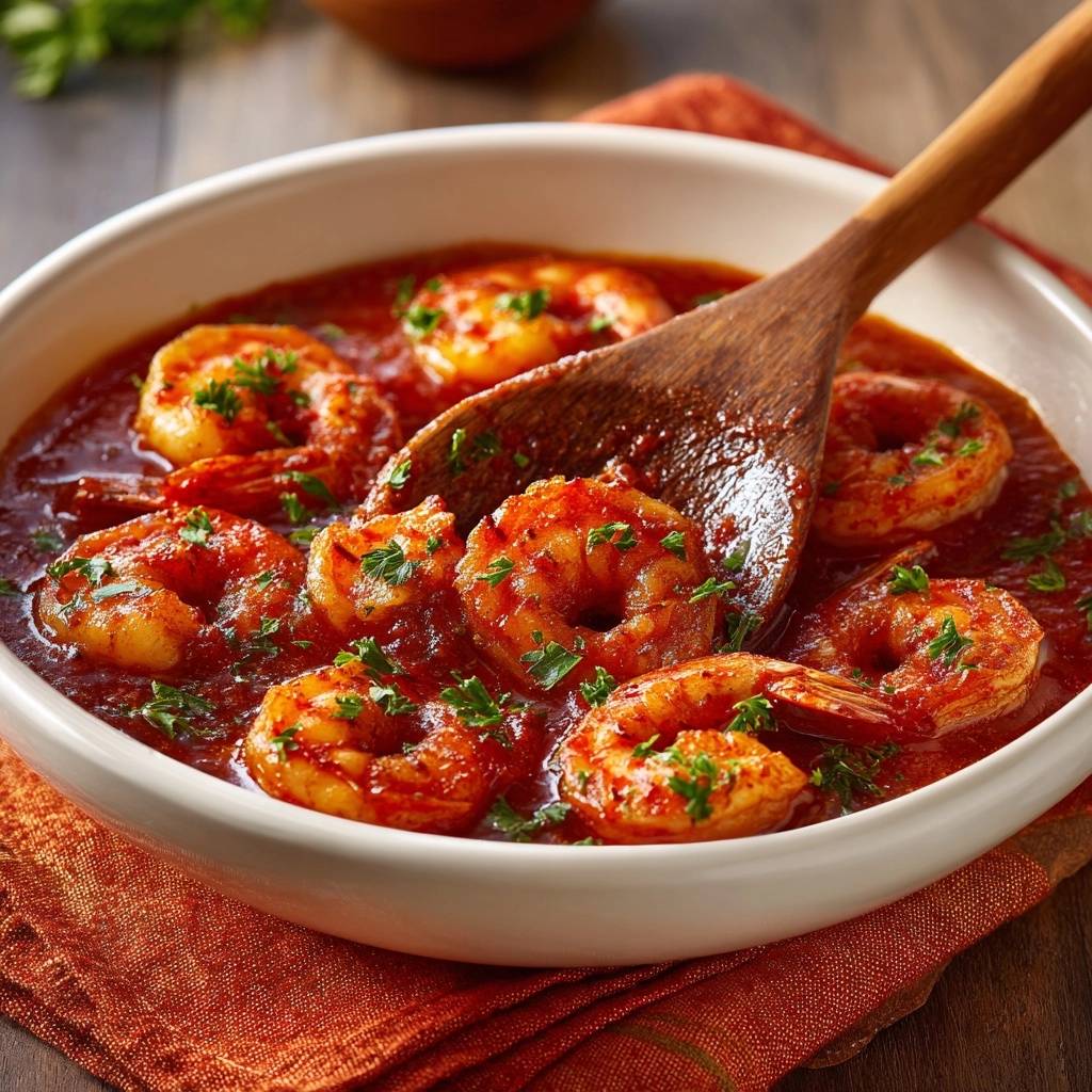 Saftige Garnelen in scharfer Tomatensoße in Nahaufnahme, garniert mit frischer Petersilie und serviert in einer weißen Schüssel.