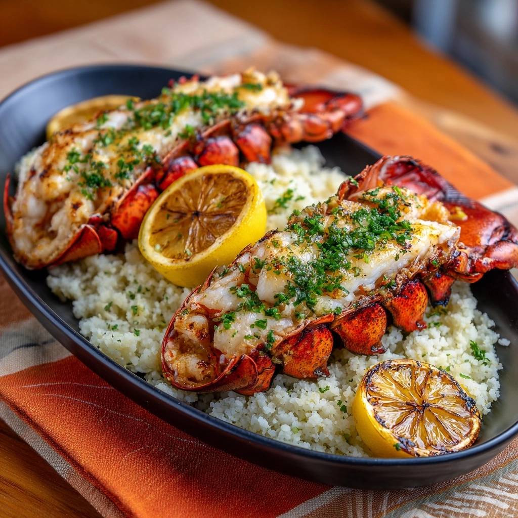 Saftige Gegrillte Hummerschwaenze Mit Blumenkohlreis Draufsi 1 Saftige Gegrillte Hummerschwänze mit Blumenkohlreis, serviert auf einem schwarzen Teller, garniert mit frischer Petersilie und gegrillten Zitronen.