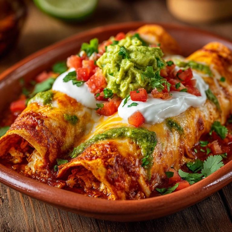 Saftige Hühner-Enchiladas, serviert in einem rustikalen Ton-Servierteller, garniert mit Guacamole, Tomaten und Sauerrahm.