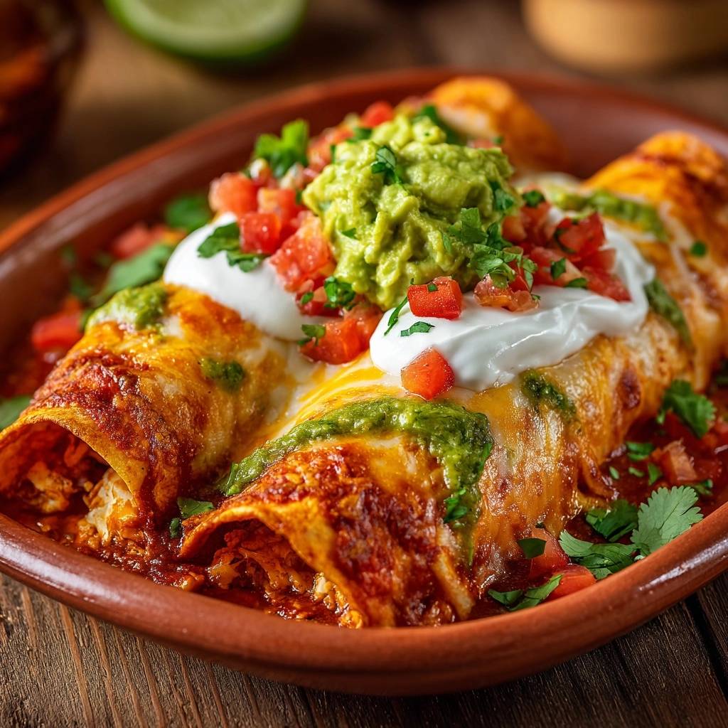 Saftige Hühner-Enchiladas, serviert in einem rustikalen Ton-Servierteller, garniert mit Guacamole, Tomaten und Sauerrahm.
