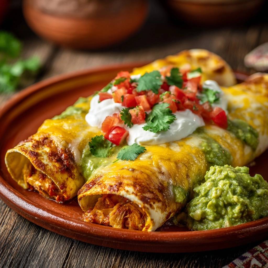 Saftige Huhner Enchiladas Serviert 1 Saftige Hühner-Enchiladas serviert auf einem rustikalen Teller, garniert mit frischem Tomaten-Salsa, Sauerrahm und Guacamole.