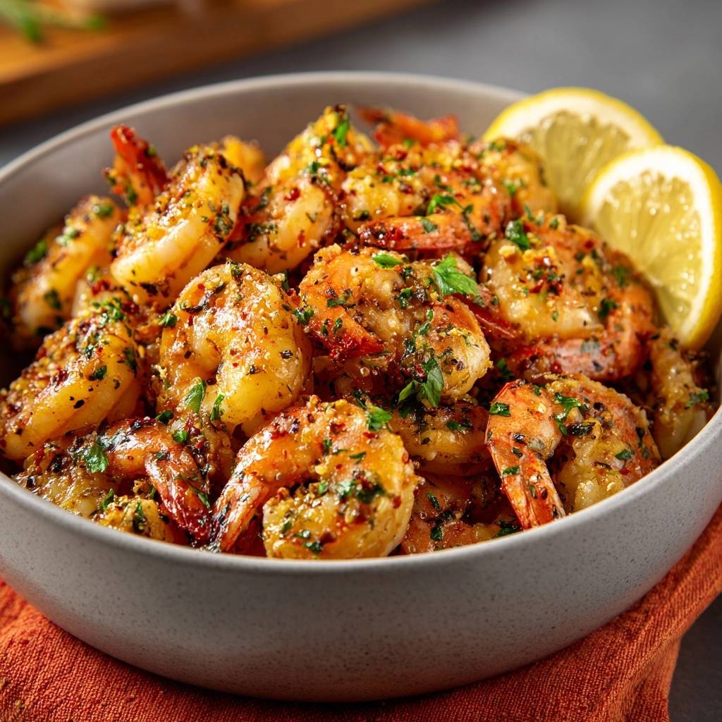Saftige Knoblauch Garnelen Nahaufnahme Serviert 1 Saftige Knoblauch-Garnelen in einer Schüssel serviert, garniert mit frischen Kräutern und Zitronenspalten, perfekt für ein schnelles Abendessen.