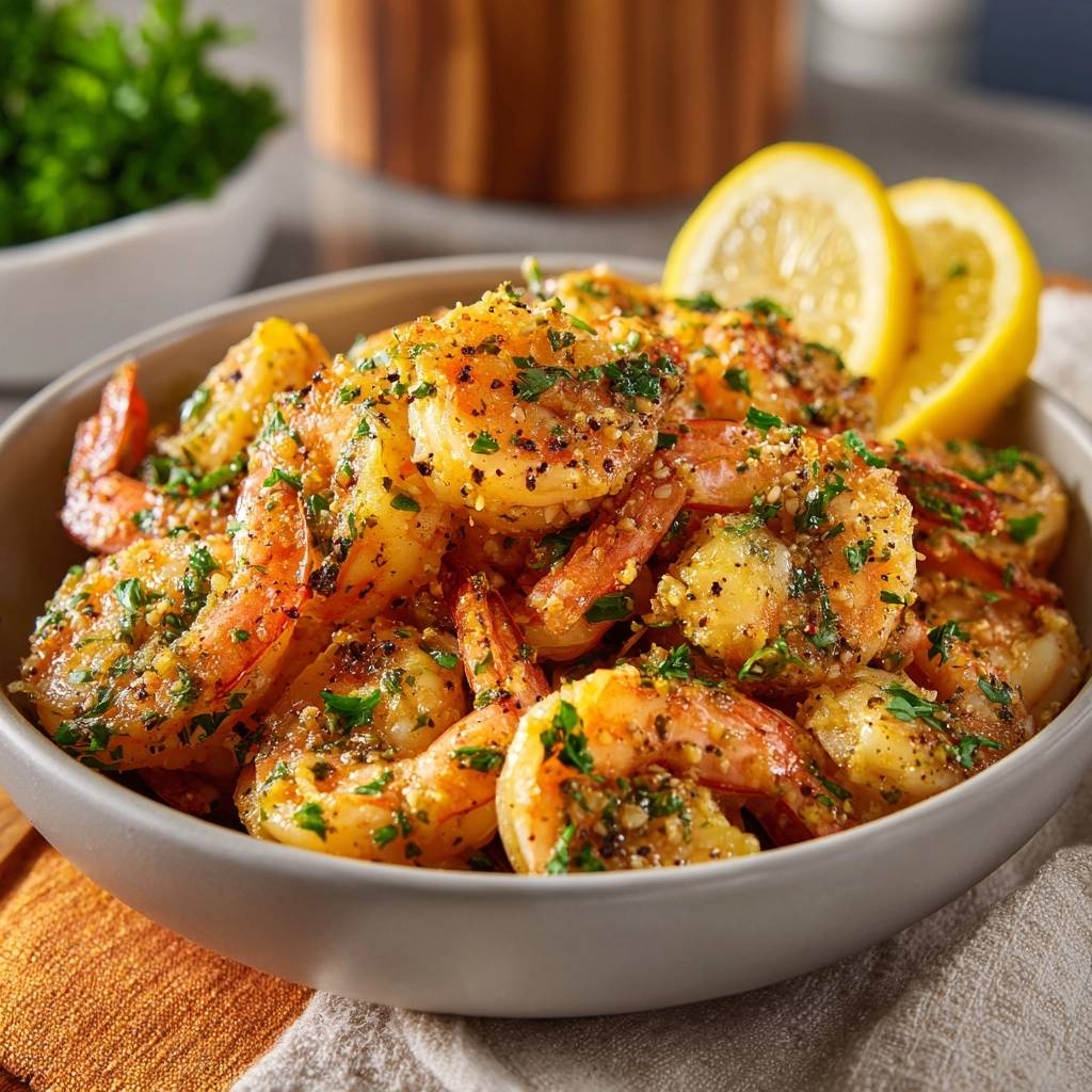 Saftige Knoblauch-Garnelen, serviert in einer Schüssel mit frischer Petersilie und Zitronenscheiben, sind ein köstliches Gericht.