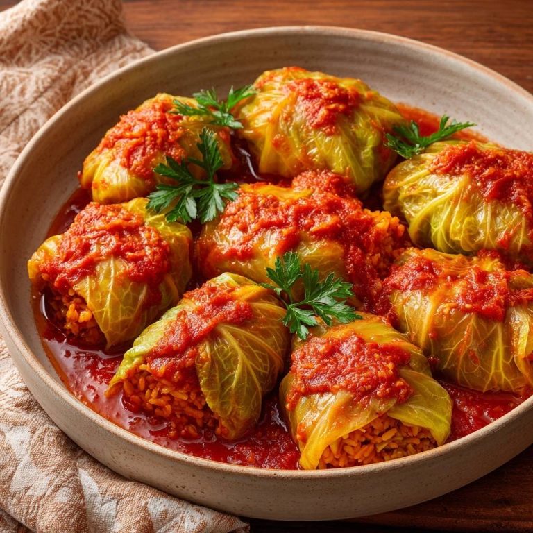 Saftige Kohlrouladen in Tomatensauce, serviert in einer rustikalen Schüssel, von oben betrachtet mit frischer Petersilie garniert.