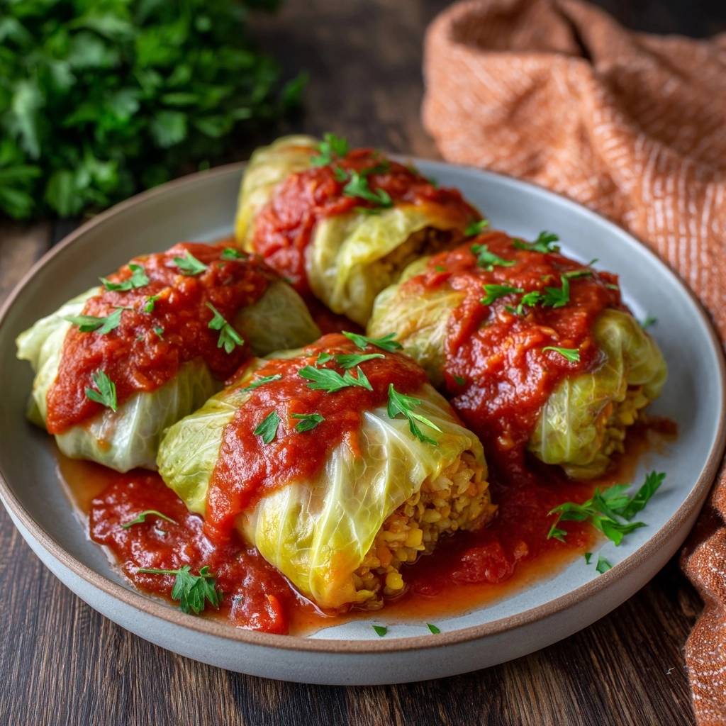 Saftige Kohlrouladen In Tomatensauce Draufsicht Serviert 1 Saftige Kohlrouladen in Tomatensauce, serviert auf einem Teller, mit frischer Petersilie garniert und in reichlich Tomatensauce gebettet.