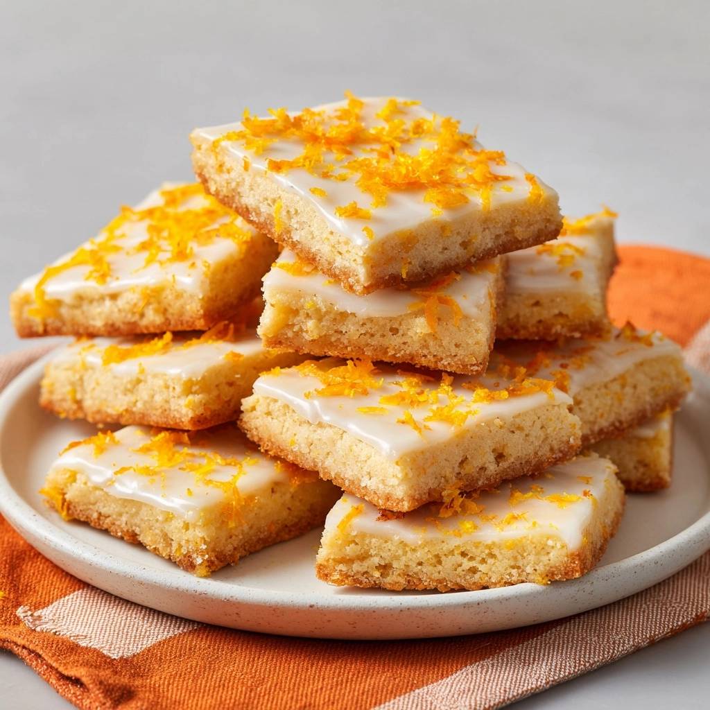 Saftige Orangenblondies Gestapelt Mit Dekor 1 Saftige Orangenblondies sind auf einem Teller gestapelt und mit einer weißen Glasur und Orangenschalen garniert. Die saftigen Blondies sind ein köstliches Dessert.