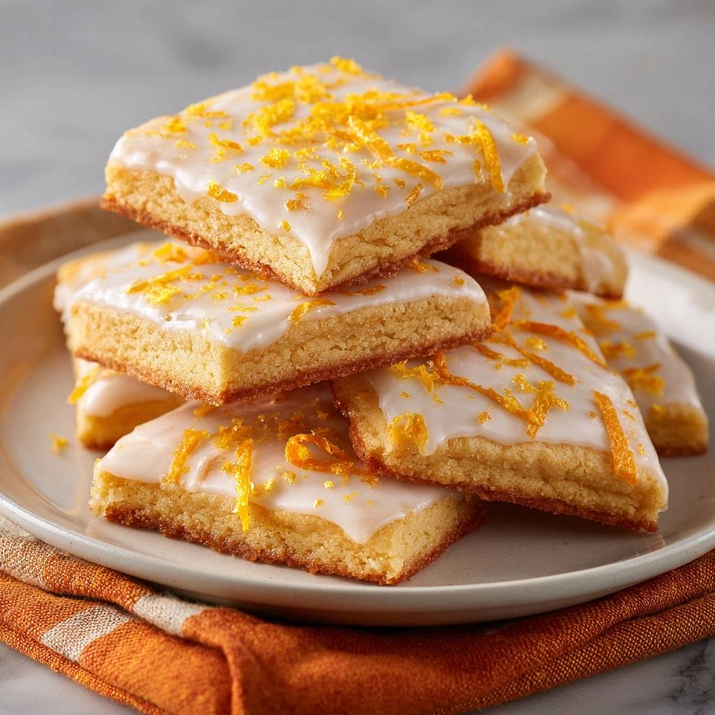 Saftige Orangenblondies sind gestapelt auf einem Teller angerichtet, mit frisch geriebener Orangenschale garniert und bereit zum Genießen.
