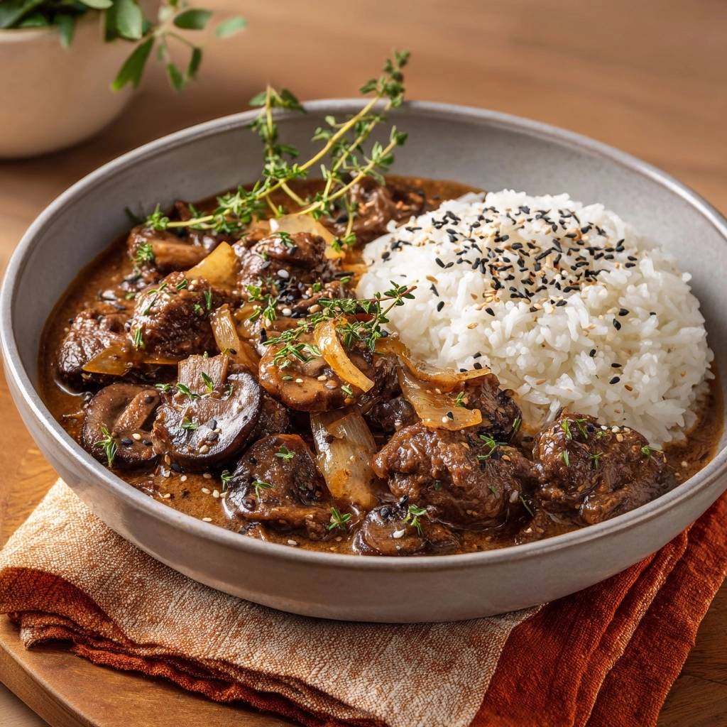 Saftige Rindfleisch Champignon Pfanne Mit Thymianreis Servie 1 Saftige Rindfleisch-Champignon-Pfanne mit Thymianreis serviert in einer Schüssel, garniert mit frischem Thymian und Sesam, serviert mit Reis.