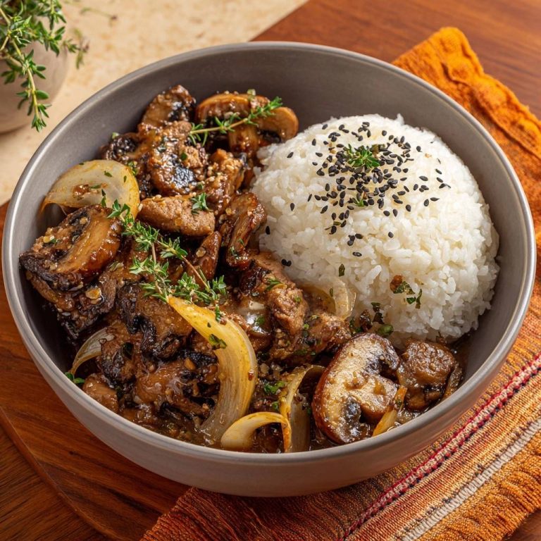 Saftige Rindfleisch-Champignon-Pfanne mit Thymianreis serviert in einer Schüssel, garniert mit frischem Thymian und schwarzem Sesam. Ein köstliches, herzhaftes Gericht.