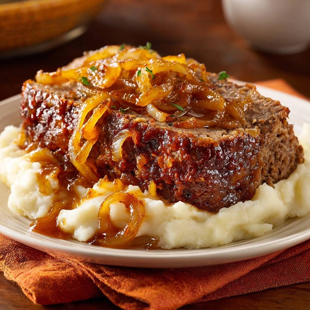 Saftiger Hackbraten mit karamellisierten Zwiebeln serviert auf einem Bett aus cremigem Kartoffelpüree, garniert mit Zwiebeln.