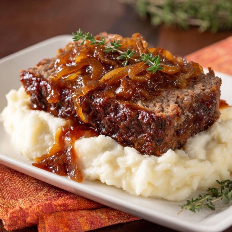 Saftiger Hackbraten mit karamellisierten Zwiebeln serviert auf cremigen Kartoffelpüree und garniert mit frischen Kräutern.