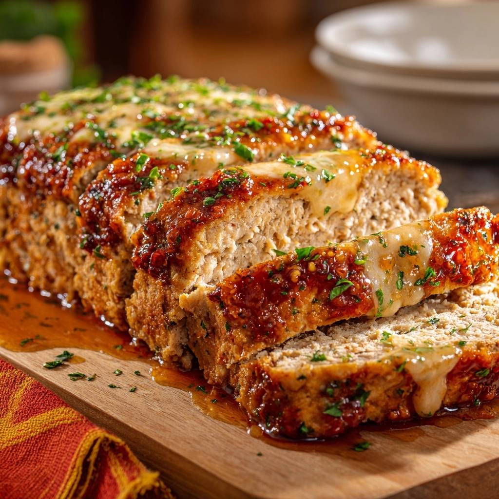 Saftiger Hähnchen-Meatloaf mit Käse-Glazur im Anschnitt, der die saftige Innenseite und die geschmolzene Käse-Glasur zeigt.