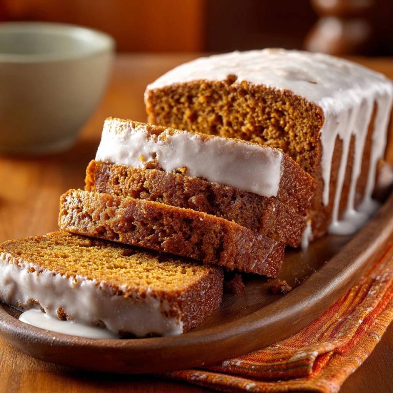 Saftiger Kürbiskuchen mit Zuckerguss, der in Scheiben geschnitten ist, zeigt die saftige Textur und den köstlichen Zuckerguss.