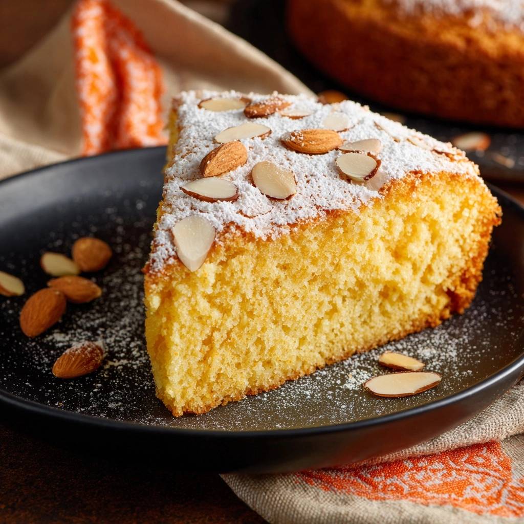 Saftiger Mandelkuchen Querschnitt Serviert 1 Saftiger Mandelkuchen präsentiert einen köstlichen Querschnitt, serviert auf einem schwarzen Teller und mit Mandelsplittern garniert.