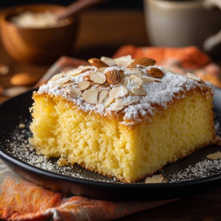 Saftiger Mandelkuchen, serviert auf einem schwarzen Teller, zeigt einen verlockenden Querschnitt mit Mandelsplittern und Puderzucker.