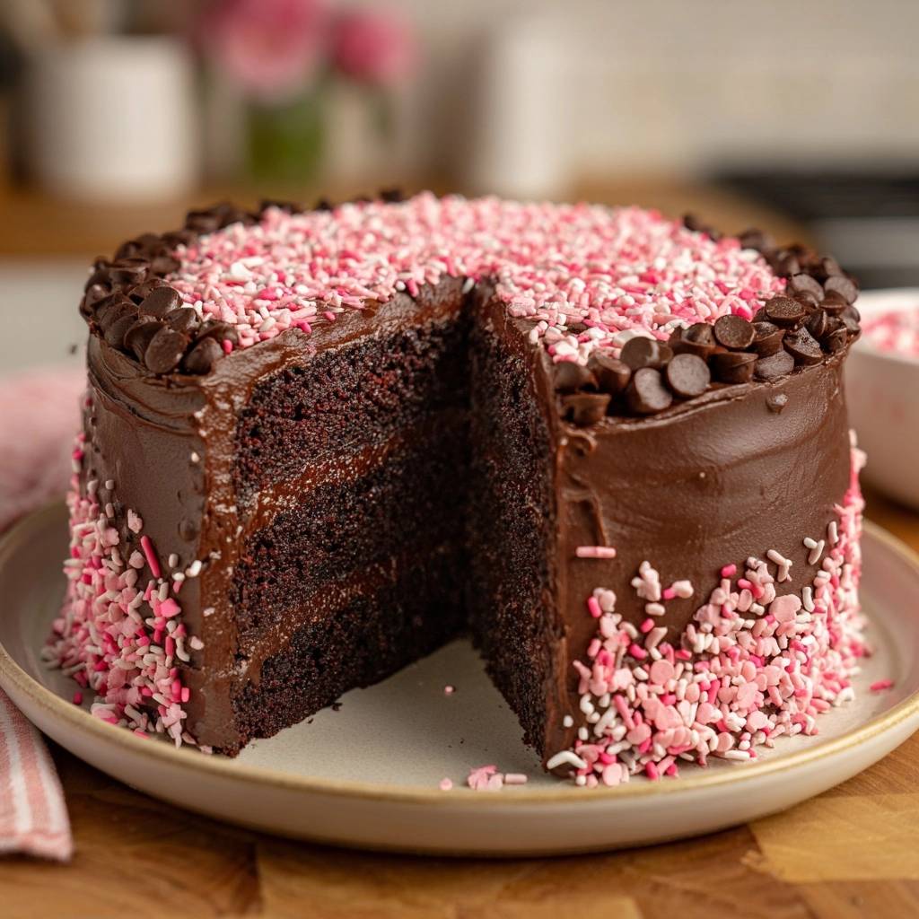 Saftiger Pink-Schoko-Lagenkuchen zeigt einen Anschnitt, der die saftigen Schokoladenböden und die cremige Füllung im Inneren offenbart.
