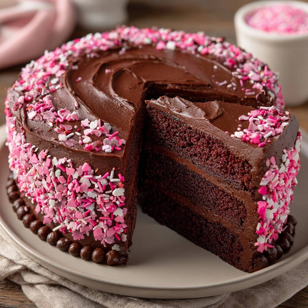 Saftiger Pink-Schoko-Lagenkuchen zeigt einen Anschnitt mit drei Schichten dunklem Kuchen und Schokoladencreme, garniert mit bunten Streuseln.