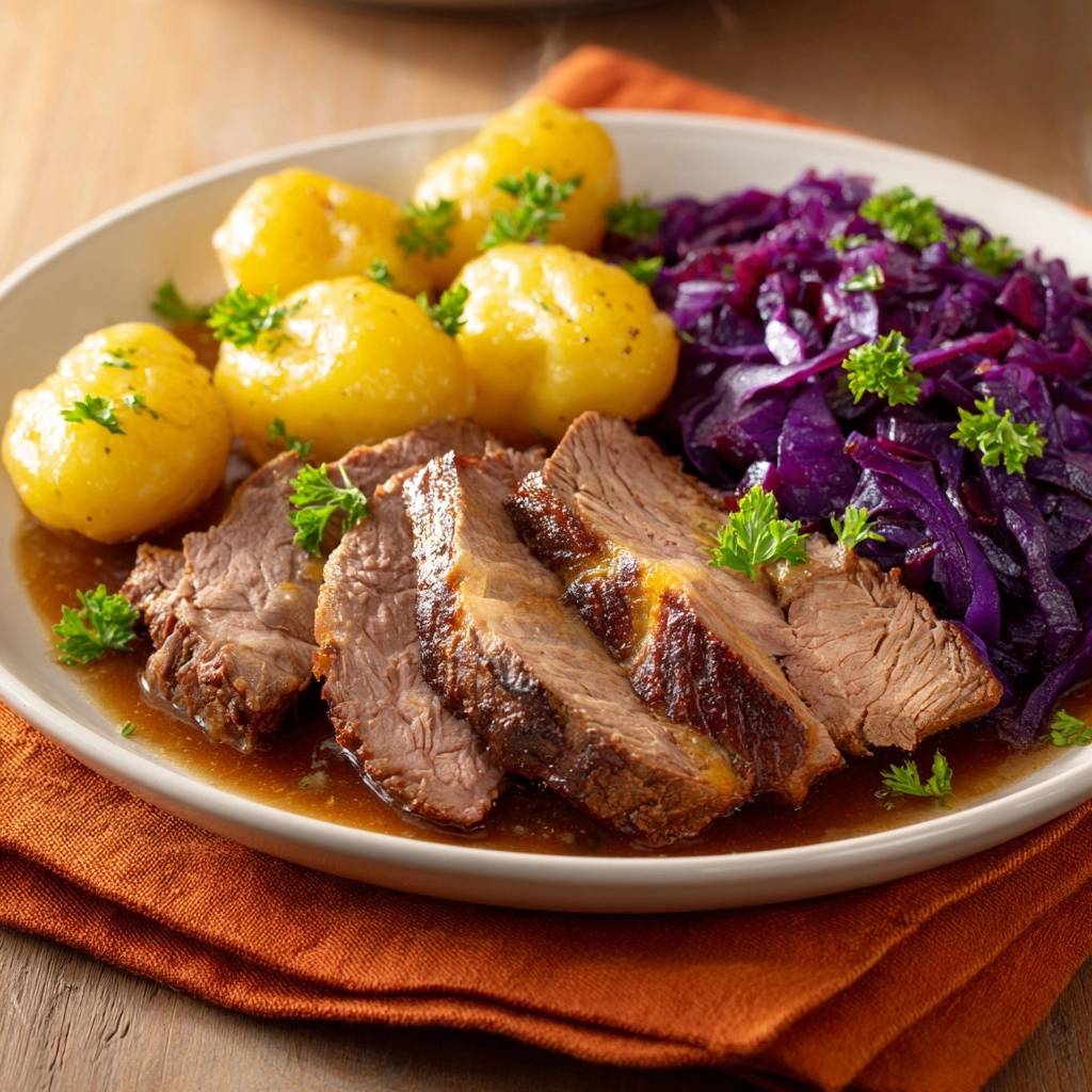 Saftiger Rinderbraten Angeschnitten 1 Saftiger Rinderbraten mit Rotkohl und Petersilienkartoffeln, angeschnittene Scheiben auf einem Teller mit Beilagen