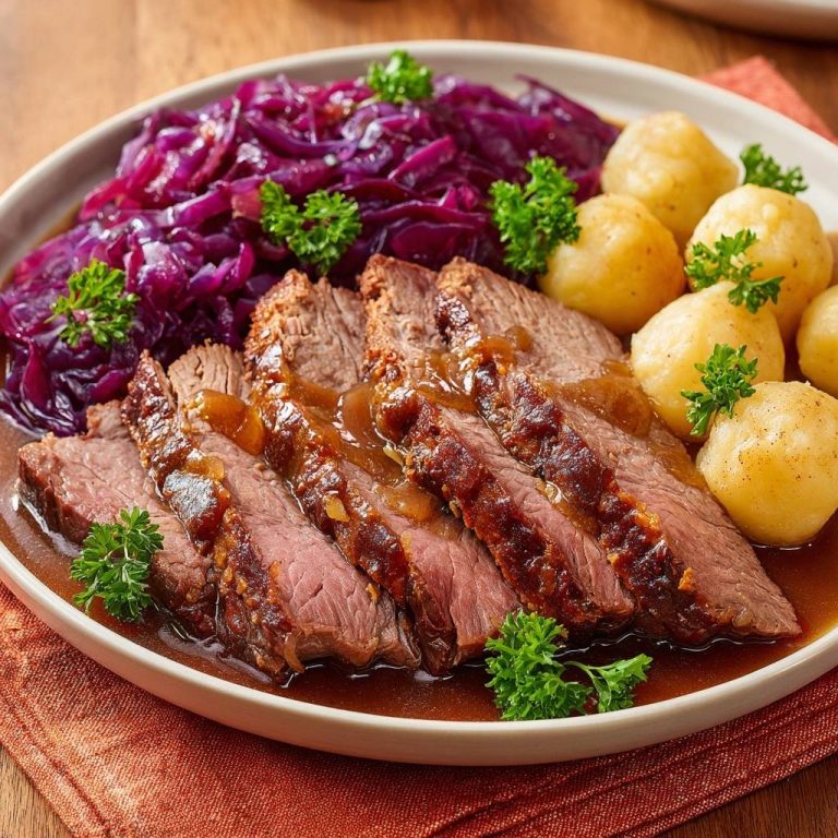 Saftiger Rinderbraten mit Rotkohl und Petersilienkartoffeln, angeschnitten serviert mit Sauce und Beilagen.